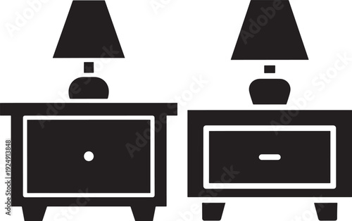 Vector icons of two nightstands with lamps. Simple black and white graphic design for bedroom, furniture, or interior decoration themes.