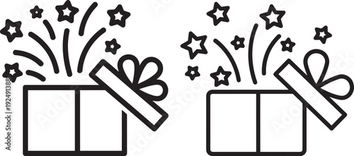 Vector icons of two open gift boxes with stars and fireworks exploding. Celebration, surprise, or gift concept in a simple black and white style.
