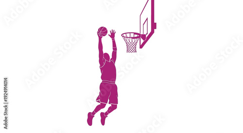 Purple silhouette of a basketball player performing a powerful slam dunk into a hoop against a clean white background.