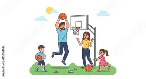 A happy family playing basketball together outdoors on a sunny day, with the father jumping to dunk and the children enjoying the game.