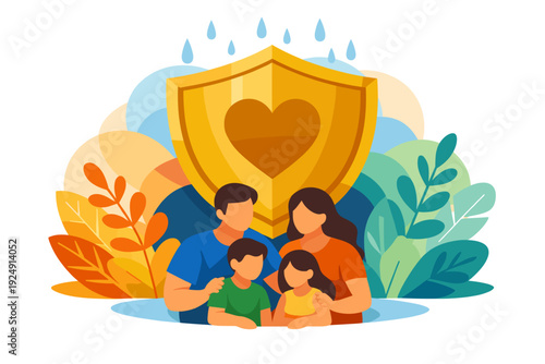 Family Protected by Golden Shield with Heart Symbol.