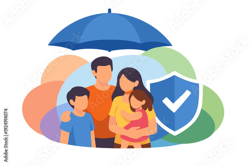 Family Protected Under Umbrella With Shield Symbol.
