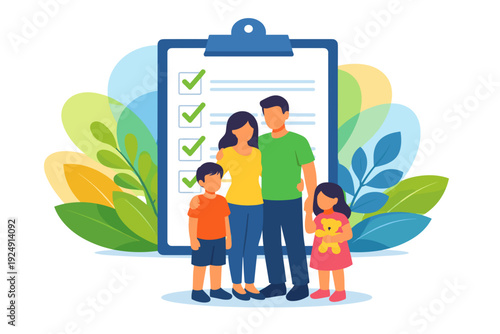 Family Standing In Front Of Checklist On Clipboard.