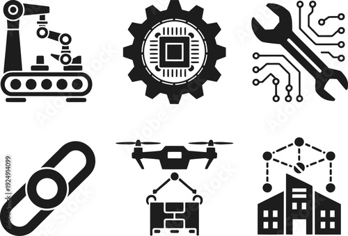 A collection of industrial and technological icons on a white background