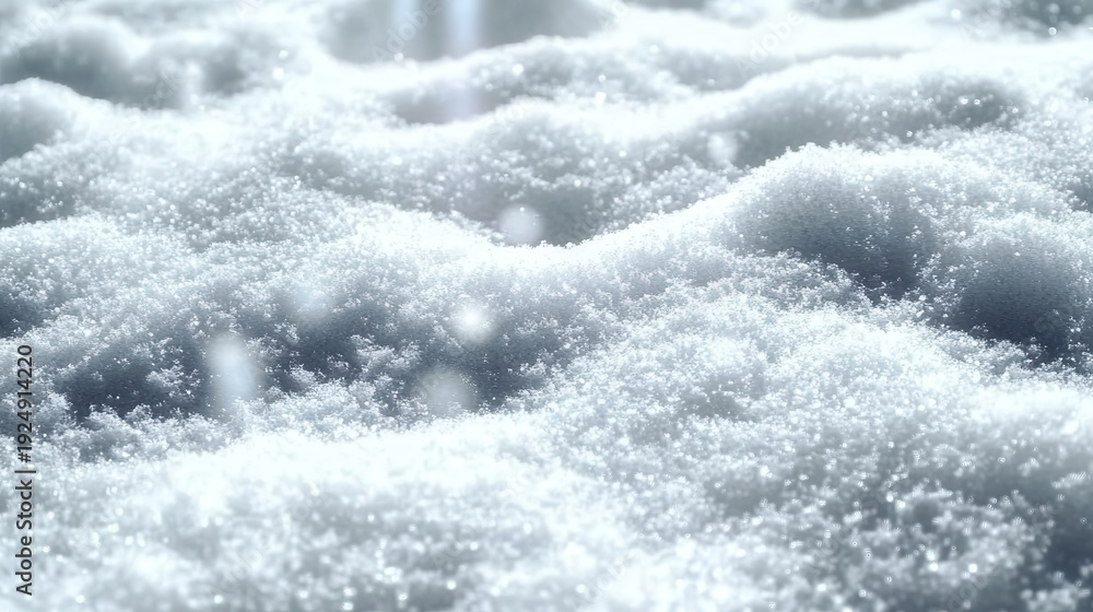 Fototapeta premium Soft snow covers the ground in a serene winter landscape glistening under bright sunlight near a peaceful forest