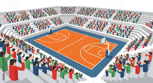 An isometric view of a vibrant basketball court within a packed stadium, surrounded by cheering spectators in the stands.