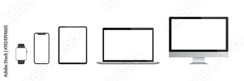 Realistic set of Monitor, laptop, tablet, smartphone, smartwatch. Vector illustration
