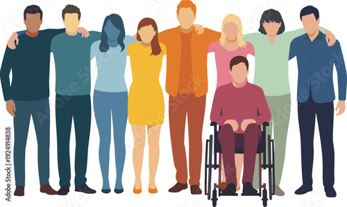 Group of nine diverse individuals with wheelchair user, silhouettes symbolizing inclusion, unity, support, diversity, accessibility, equality, community, vector illustration
