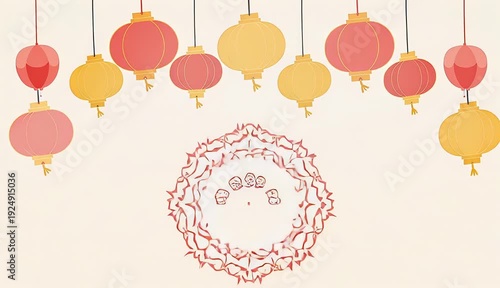Decorative Chinese Lanterns Hanging Above a Circular Ornament with Subtle Patterns for Festive Celebrations