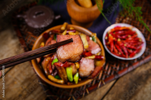 Slika na platnu Smoked Pork Stir-Fried with Peppers and Vegetables