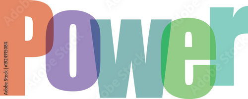 Colorful overlapping letters spelling power in bold uppercase font on transparent checkered background.