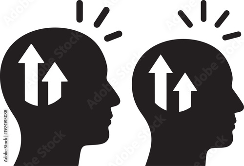 Abstract Black Icons Depicting Two Heads with Upward Arrows Inside, Symbolizing Ideas, Growth, and Positive Thinking