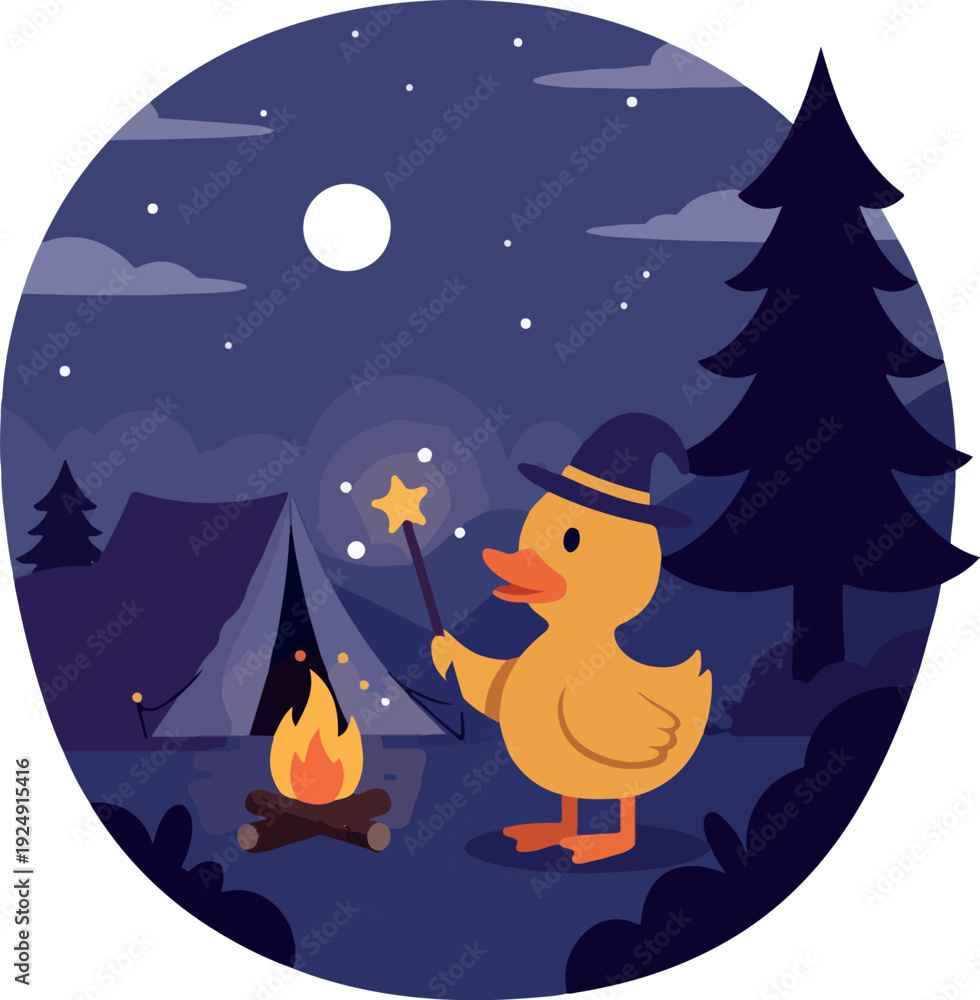 Naklejka premium Cute Duck Wizard Camping Night Fire Dark Blue Sky Moon Stars