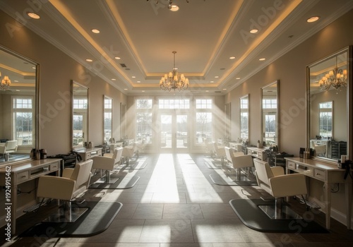 A wide-angle shot of an empty, high-end salon before opening. Sunlight streams through large windows, illuminating the dust in the air.