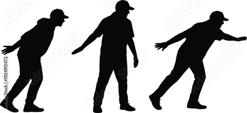 Man throwing ball silhouette set with baseball player pitching poses in motion isolated on white background vector illustration