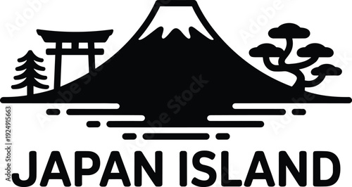 Japan island silhouette with Mount Fuji, torii gate and traditional trees landscape icon isolated on white background vector illustration