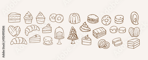 Hand Drawn Dessert and Bakery Doodle Icons Set Vector Outline Collection