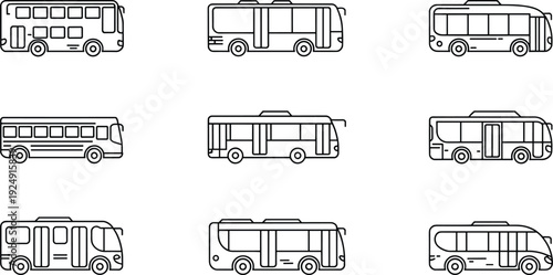 Modern city bus side view outline icon collection with different urban public transport designs isolated on white background vector illustration set
