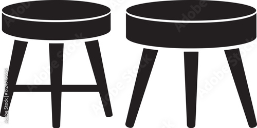 Basic Black Silhouettes of Two Stools with Round Seats and Tapered Legs, Offering Simple Seating Solutions