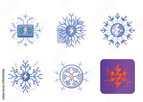 A collection of stylized snowflake designs with integrated lightning bolt motifs