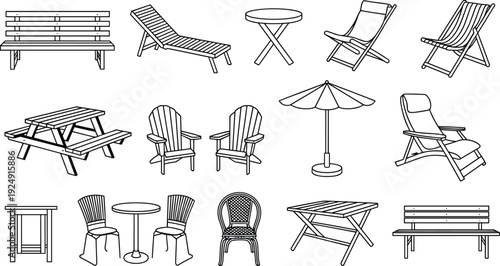 Outdoor furniture line art set with park benches, picnic tables, deck chairs, patio tables and garden umbrella isolated on white background