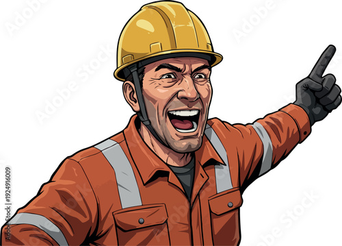 Construction Worker in Orange Overalls and Yellow Hard Hat Gesturing with Excitement