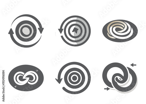 Collection of grey rotating or swirling symbols for business logos and design