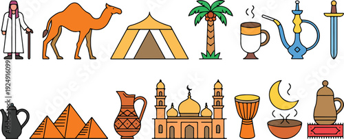 Middle Eastern Desert Culture Icon Set  Camel, Tent & Mosque
