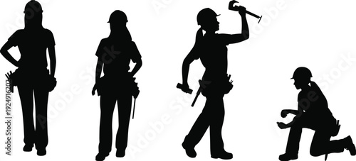 Construction worker silhouette vector illustration set, professional icons with diverse poses, stylish artwork, decorative graphics, engineering motifs