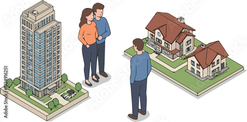 Couple And Realtor Review Apartment Building And Houses Isometric