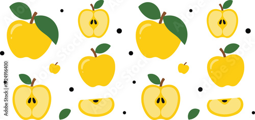 Fresh Yellow Apple Seamless Pattern  Whole & Sliced Fruits