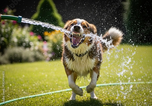 A playful dog enjoys biting and chasing a stream of water from a garden hose in a summer yard.