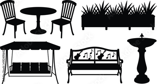 Outdoor garden furniture silhouette set with patio table and chairs, planter box, swing bench and decorative fountain isolated on white background