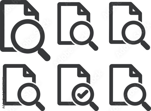 A set of document icons with magnifying glasses on a white background