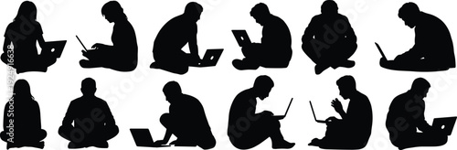 Cross‑legged laptop user silhouette vector illustration set, professional icons with diverse postures, stylish artwork, decorative graphics, digital motifs