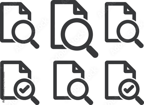 A set of document icons with magnifying glasses on a white background