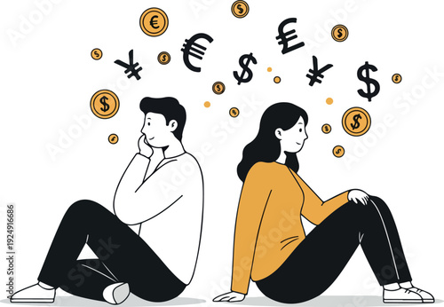Couple Thinking About Money Currency Symbols Coin Wealth Financial Concerns