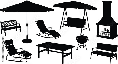 Outdoor patio furniture silhouette collection with garden bench, umbrella, swing seat, rocking chair, barbecue grill and fireplace isolated on white background