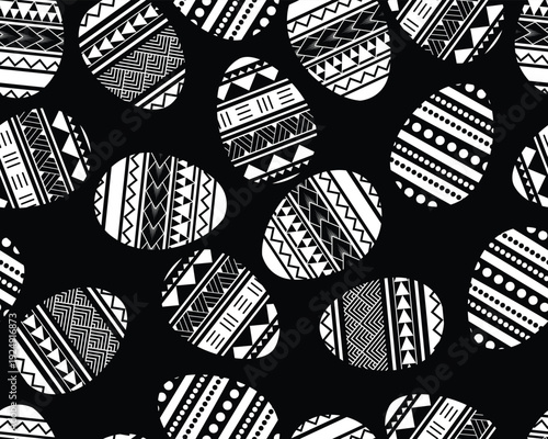 Easter Egg Maori Seamless Pattern Background White on Black