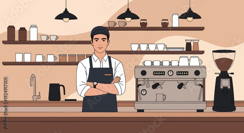A smiling barista stands confidently behind a coffee shop counter with a coffee machine and shelves.
