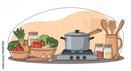 Cooking scene on stove with vegetables and pot on fire in kitchen 64