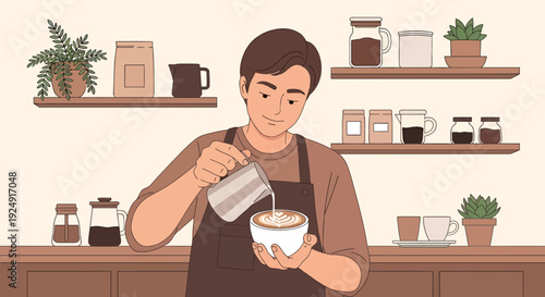 A barista pouring steamed milk into a cup of coffee in a cafe with shelves.