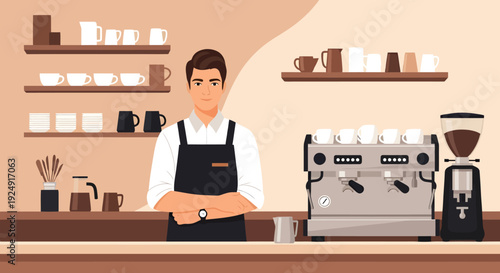 A barista stands behind a coffee shop counter with a coffee machine and cups on shelves around him.