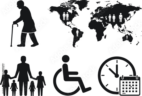 A collection of black silhouettes representing people with disabilities and time