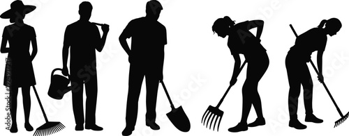 Gardening and yard work silhouette vector illustration set, lifestyle icons with diverse tools, stylish artwork, decorative graphics, eco motifs