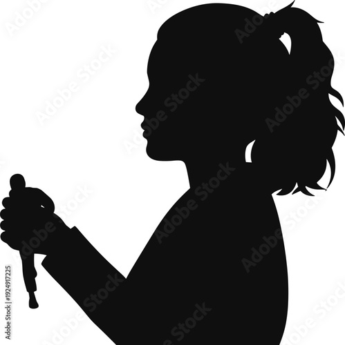 Silhouette child with ponytail holding dropper tool, science experiment, educational activity, creative learning concept, vector illustration design