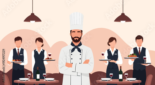 A chef stands confidently in a 9 restaurant scene with waitstaff serving food and wine.