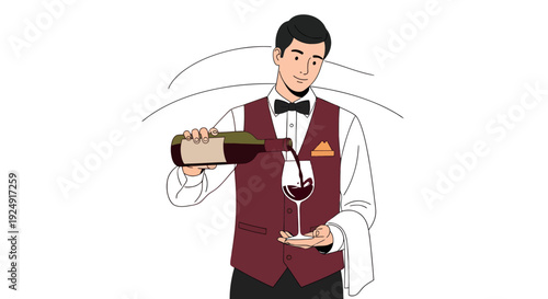 Waiter pouring red wine from bottle to glass in elegant motion at 12 event