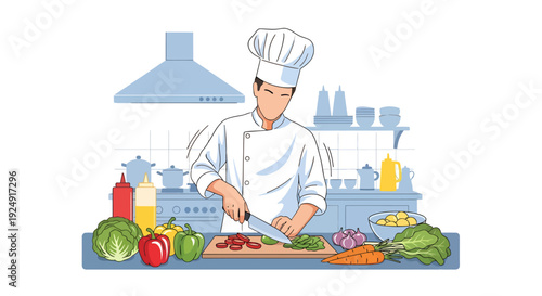 A chef prepares a meal by chopping vegetables on a kitchen counter with 15 ingredients around him.
