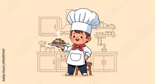 Young chef presenting a plate of food in a kitchen with a stool